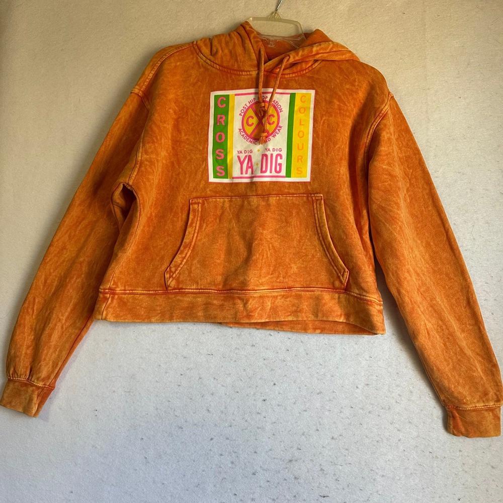 Cross Colours Ya Dig Orange Acid Wash Graphic Hoodie Sweatshirt Medium